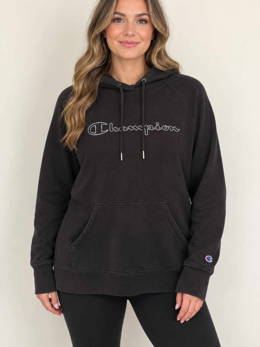 Champion Black Script Logo Pullover Hoodie Size Large